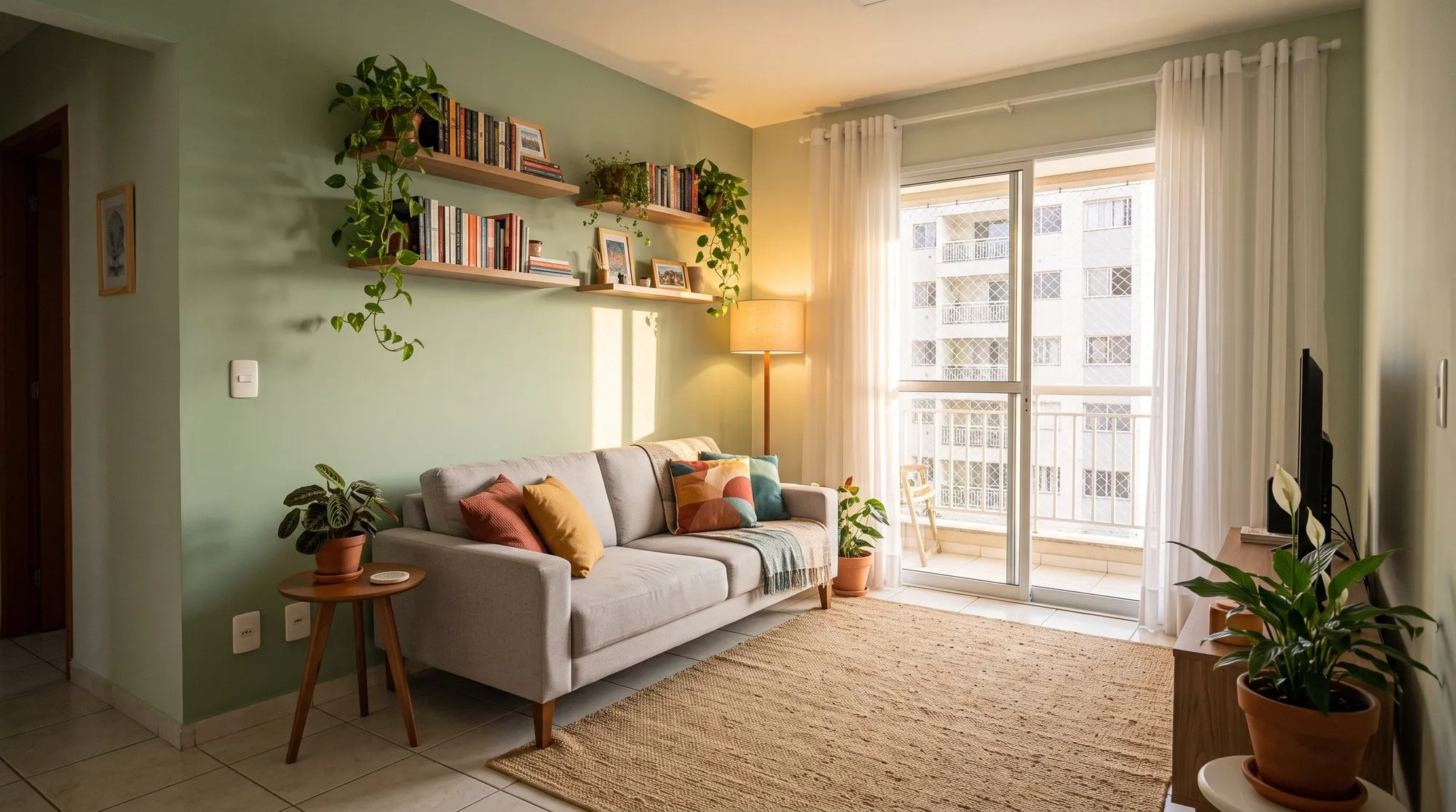 Sala de apartamento com parede verde-sálvia, sofá cinza com almofadas coloridas, estantes com livros e plantas