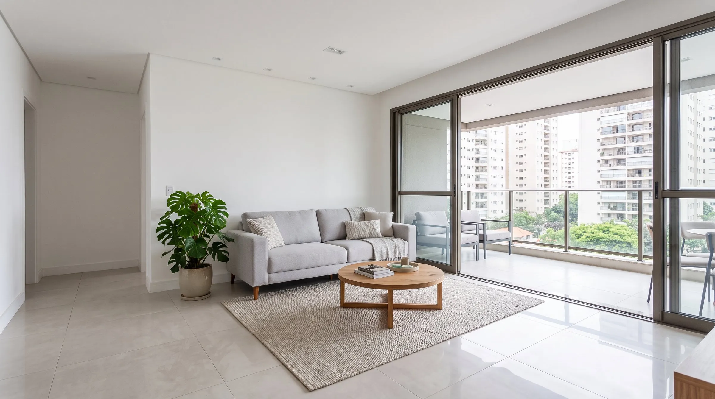 Sala de apartamento clara com sofá cinza, mesa de centro redonda de madeira e a varanda envidraçada aberta para outros prédios