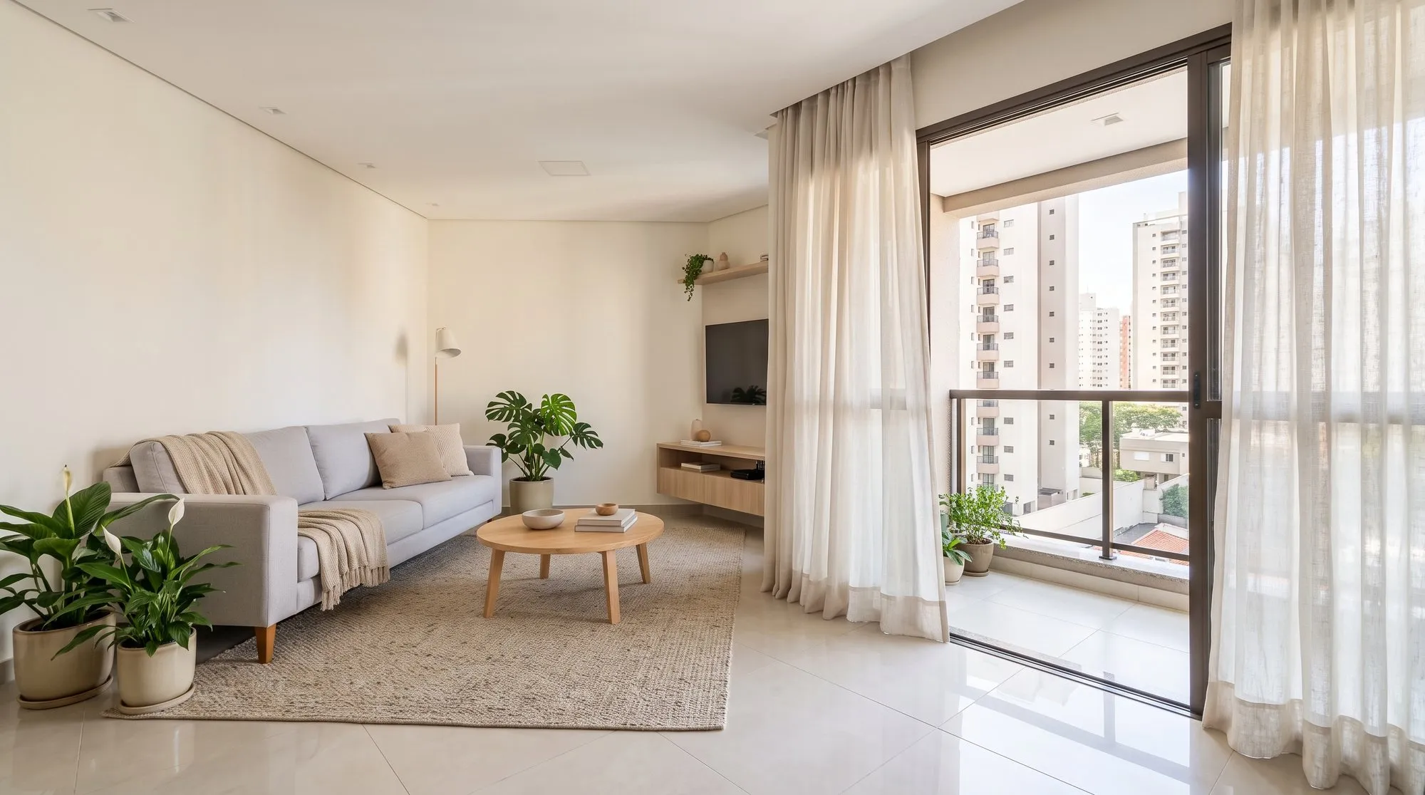 Sala de apartamento clara, mobiliada com sofá cinza, tapete bege e plantas, com a varanda aberta