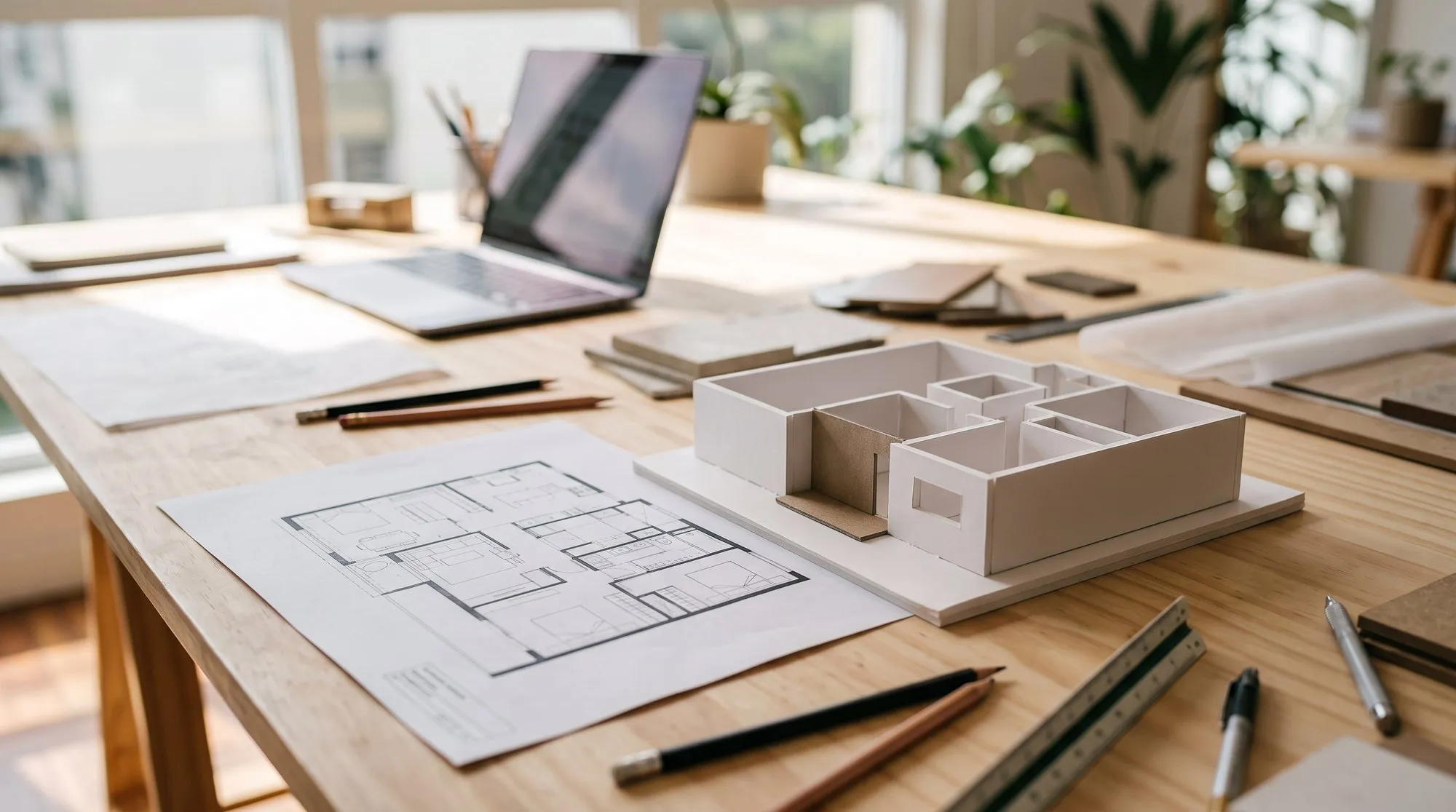 Mesa de arquiteto com uma planta baixa impressa e uma maquete branca do apartamento