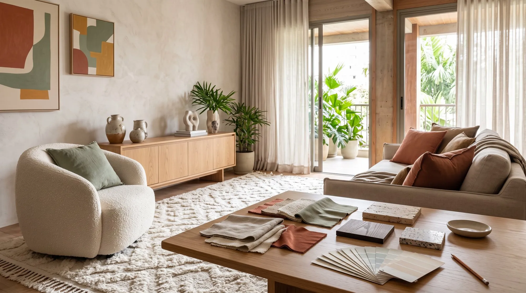 Sala de estar com poltrona clara e sofá, e amostras de tecidos, madeira, pedra e cores sobre a mesa de centro
