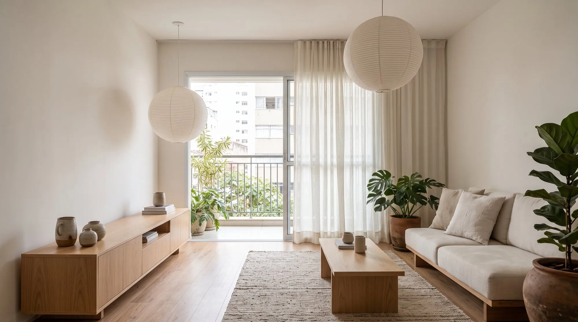 Sala de apartamento em estilo japandi, com móveis de madeira clara, luminárias de papel e cortinas de linho