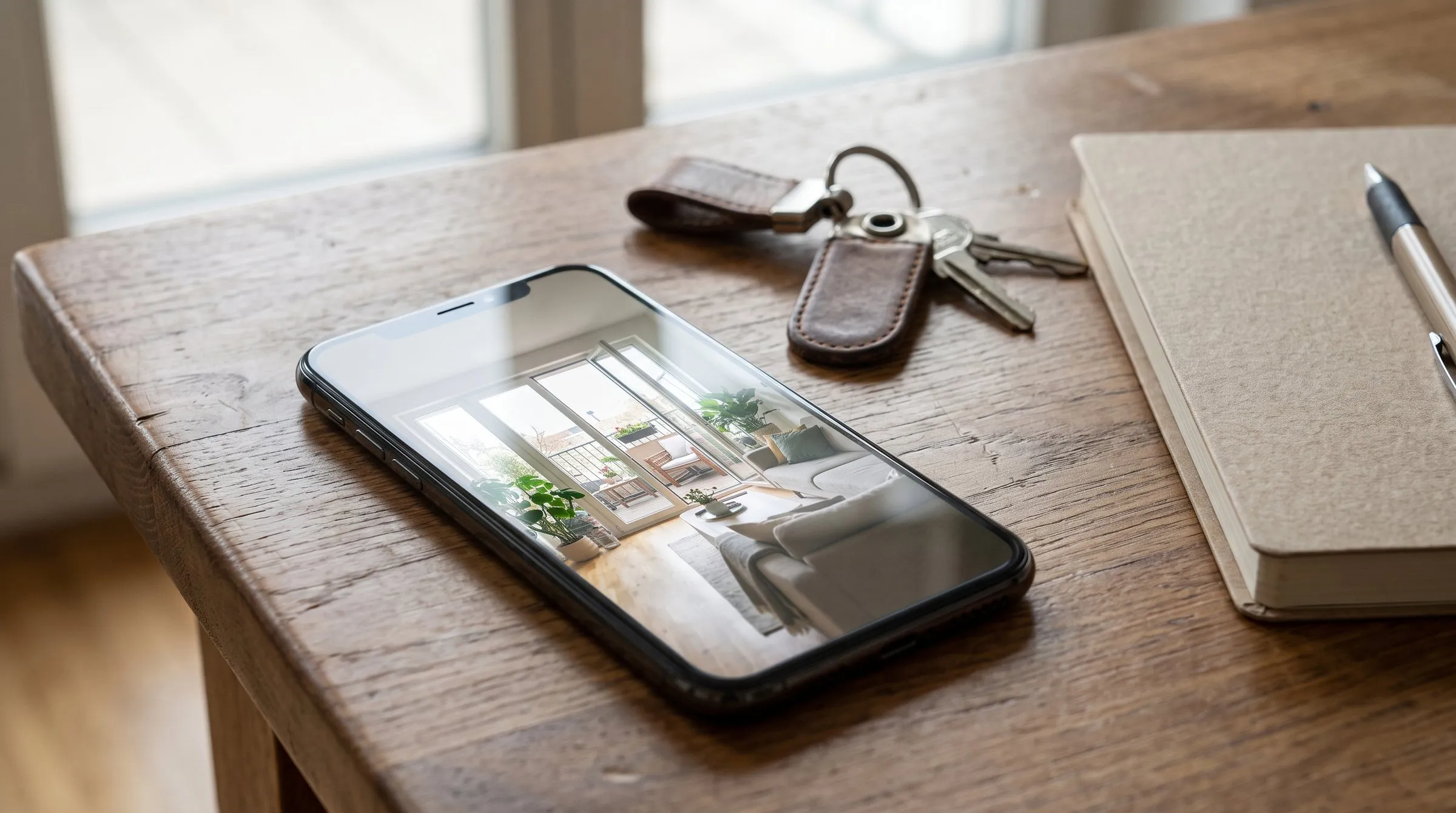 Celular sobre uma mesa de madeira mostrando a foto de uma sala de apartamento, ao lado de um chaveiro com chaves e um caderno