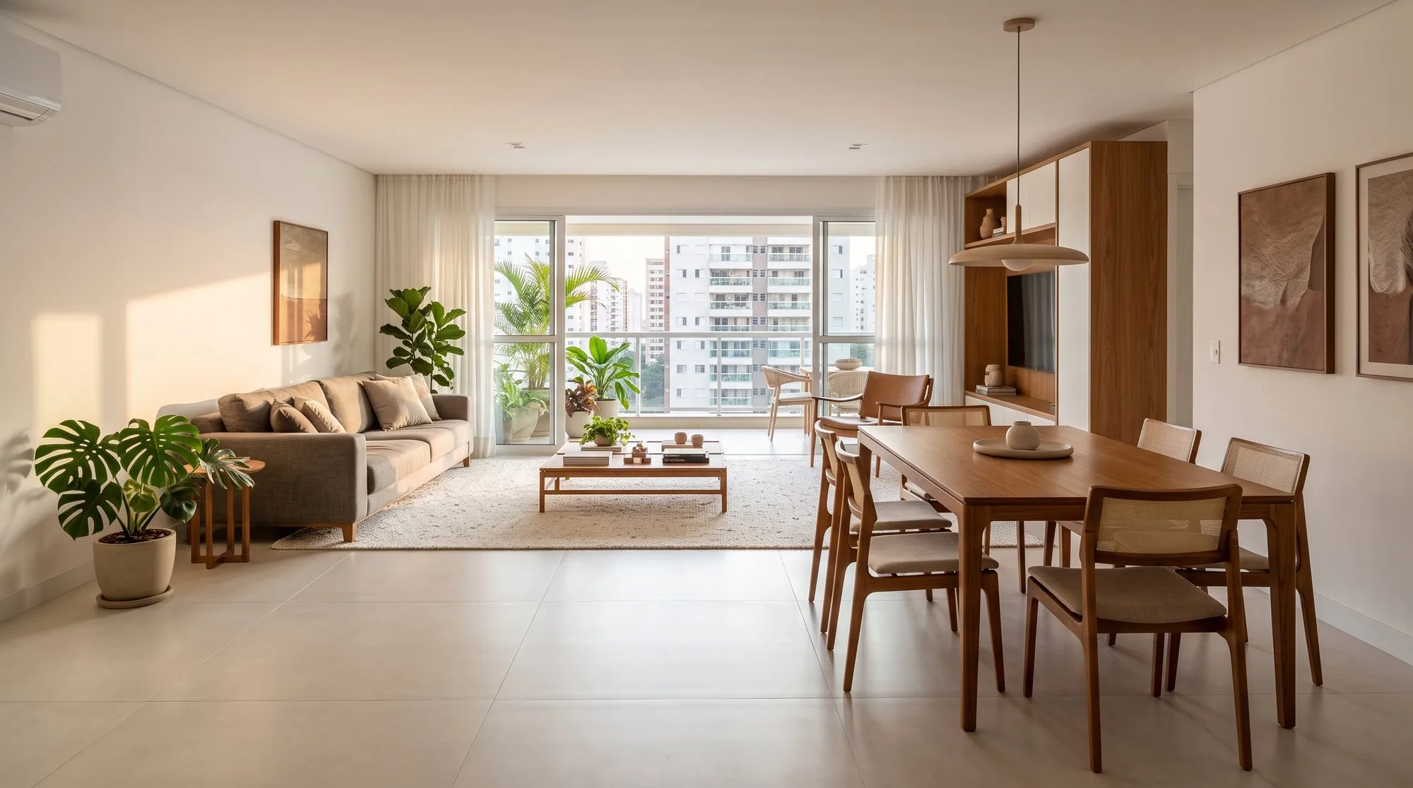 Sala de estar e jantar integradas de um apartamento, com luz de fim de tarde e a varanda ao fundo